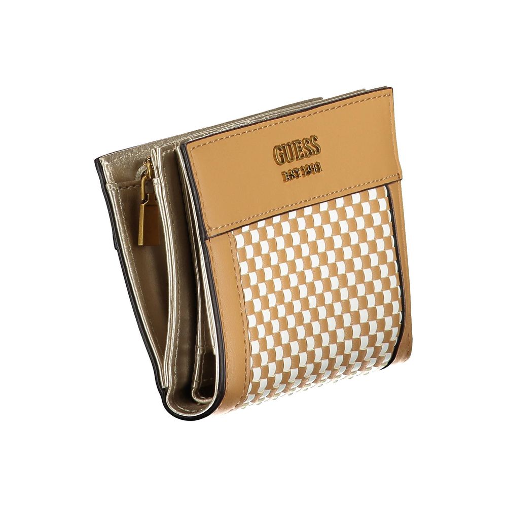 Guess Jeans Brown Polyethylene Wallet with compartments, contrasting details, and zip closure, showing interior and card spaces.