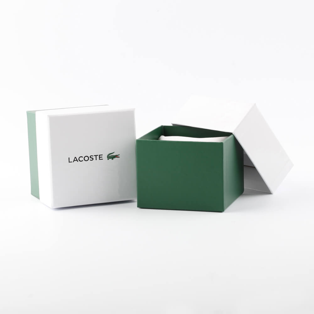 Official LACOSTE Mod. 2000996 bracelet watch packaging box for lady's quartz analog multifunction design, 38mm, green and white