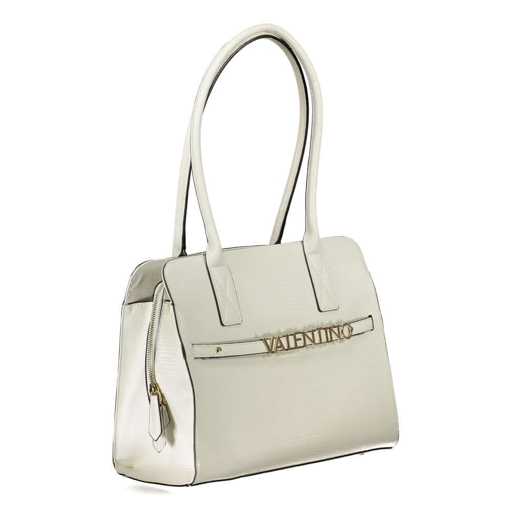 Mario Valentino White Polyethylene Handbag with two handles, laptop compartment, and zip closure, featuring contrasting details and logo.
