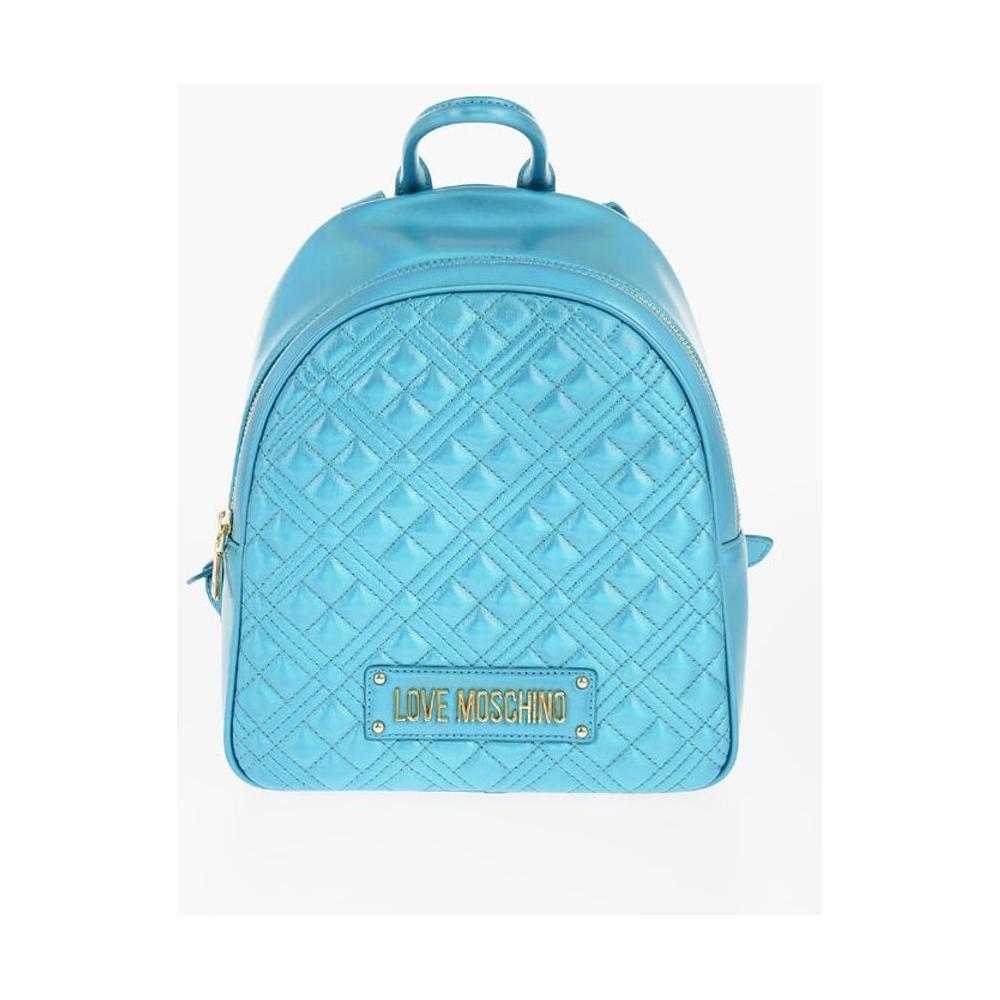 Moschino Moschino LOVE Quilted Laminated Faux Leather Backpack MOP537879GD 1728,74866327712,Backpacks - Women - Bags,Bags,Blue,Moschino,New with tags,Women,Women - Bags