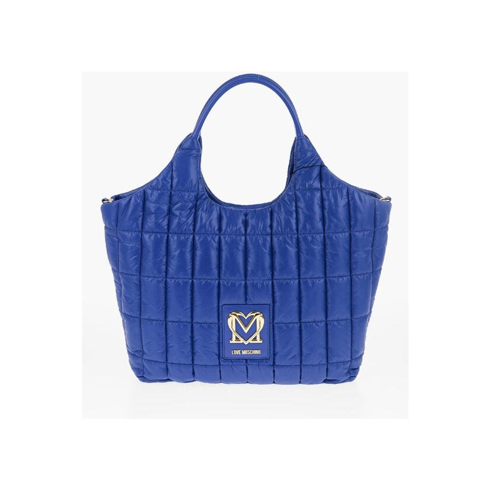 Moschino Moschino LOVE Quilted Nylon Tote Bag with Faux Leather Trims MOP537843GD 1728,74866327712,Bags,Blue,Moschino,New with tags,Tote Bags - Women - Bags,Women,Women - Bags