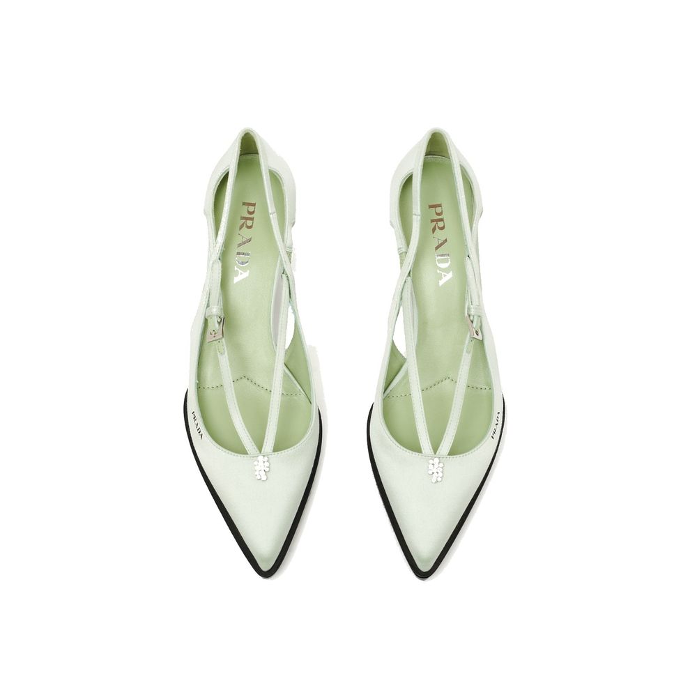 Prada Green Silk Mid Heel Pumps with jeweled ornament and pointed toe, leather insole, and rubber sole, 5.5 cm heel, women's fashion