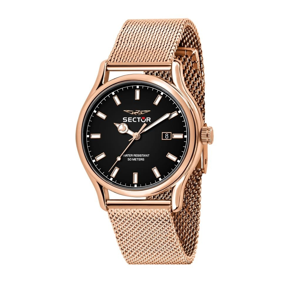 SECTOR Mod. 660 watch with rose gold mesh bracelet and black dial, water-resistant up to 50 meters.