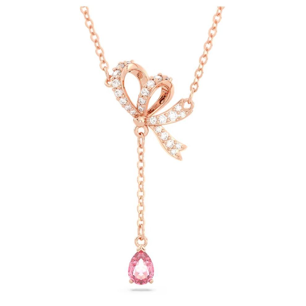 Elegant necklace featuring a rose gold bow design with clear crystals and a pink teardrop pendant on a delicate chain jewelry piece.