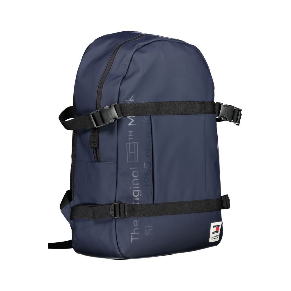 Tommy Hilfiger Blue Polyethylene Backpack with adjustable straps, external and internal pockets, laptop compartment, and logo design.