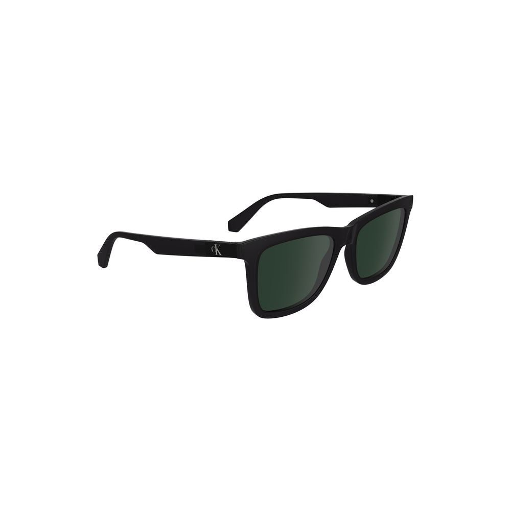 Calvin Klein black plastic sunglasses with square black lenses, 54mm lens width, and logo on temple.