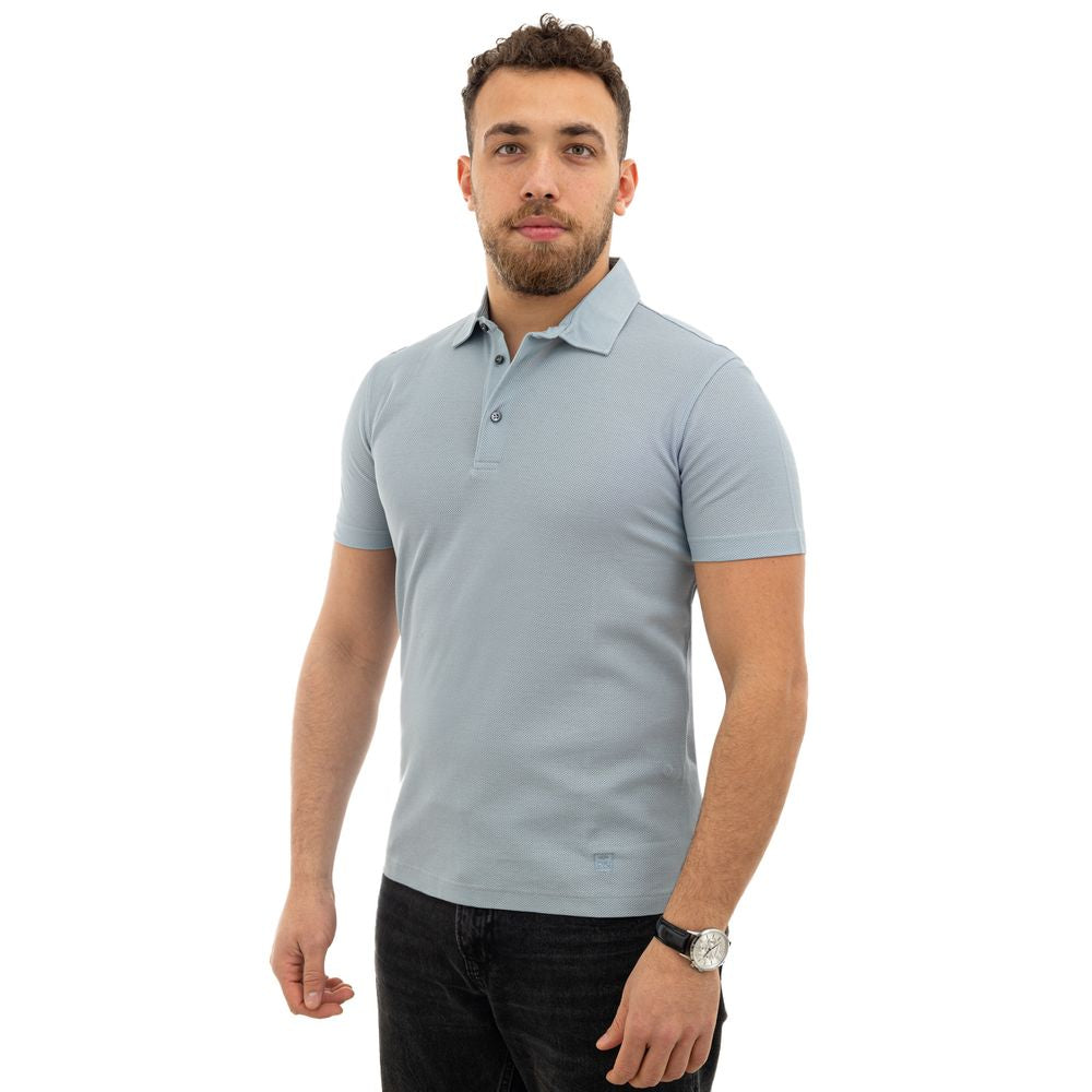 Corneliani blue cotton polo shirt with classic collar, short sleeves, and 3 buttons, showcased by a model. Made in Italy.