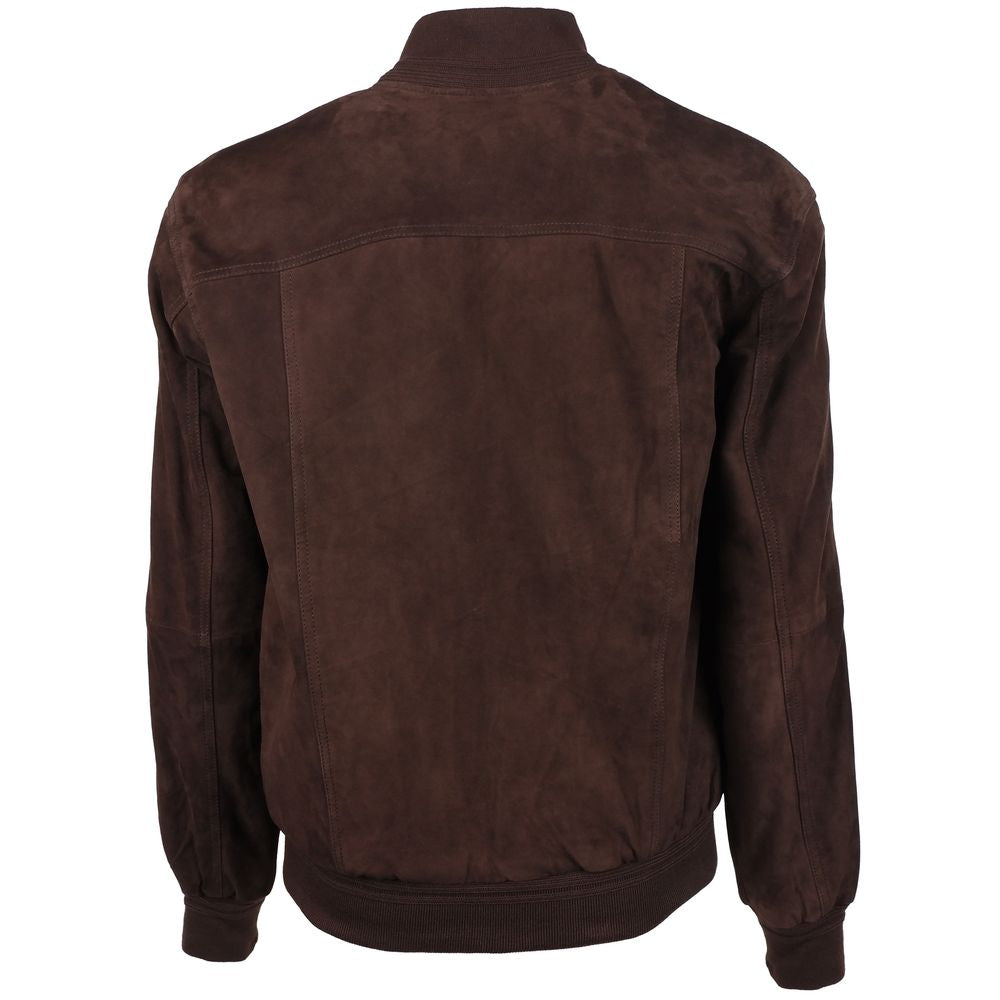 Back view of Emilio Romanelli brown calfskin suede bomber jacket with ribbed cuffs, collar, and hem.