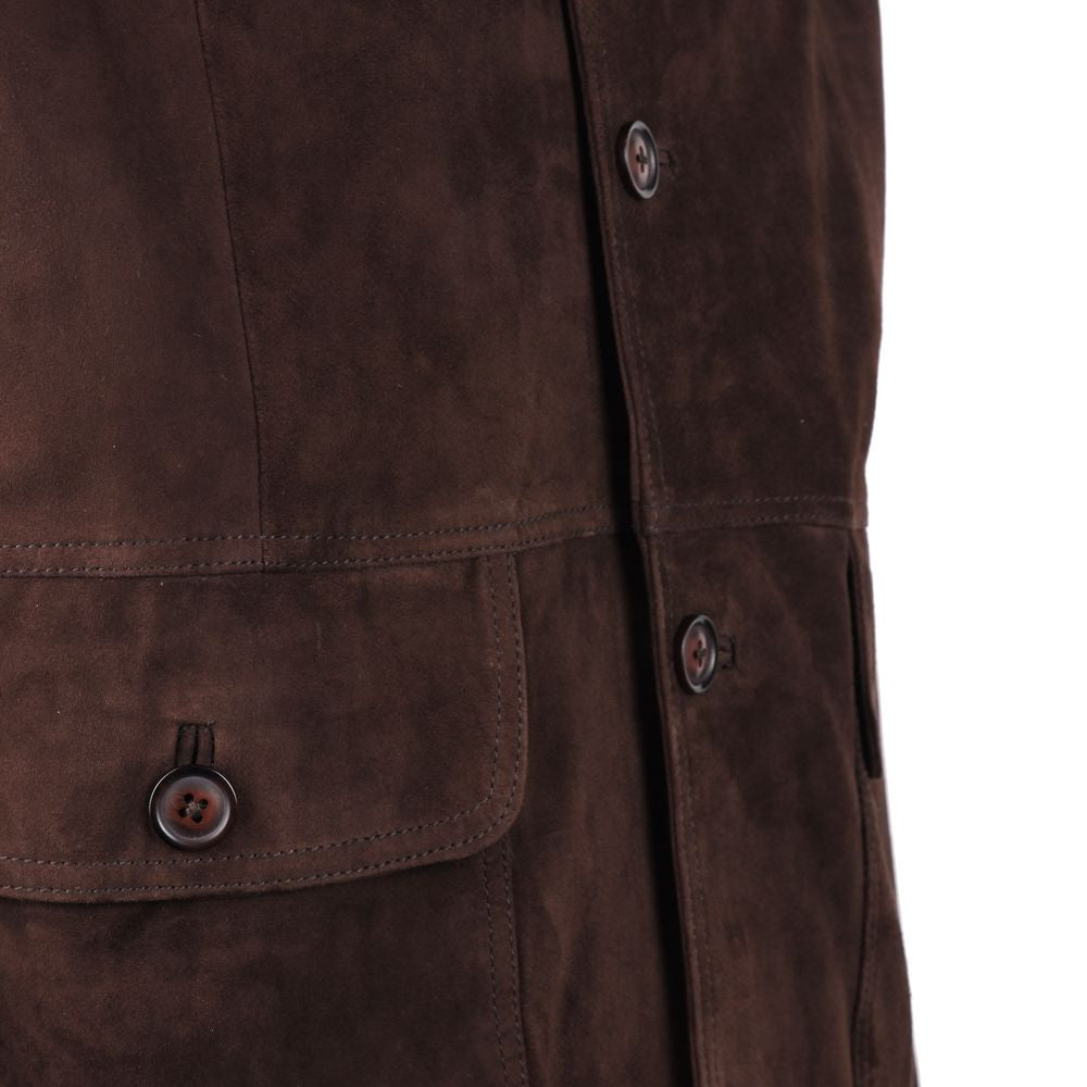 Close-up of Emilio Romanelli brown calfskin suede bomber jacket with button closure and front pockets.