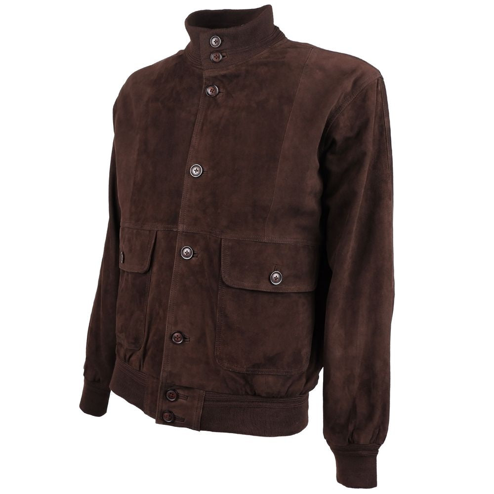 Emilio Romanelli brown calfskin suede bomber jacket with button closure and two front pockets.