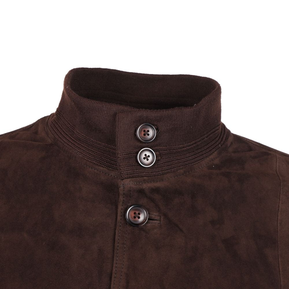 Emilio Romanelli brown calfskin suede bomber jacket with button closure, ribbed collar detail, close-up view.