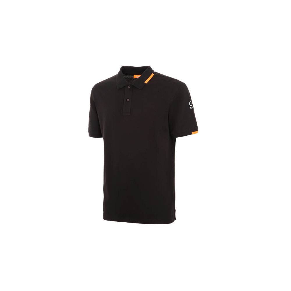 Suns black cotton polo shirt with ribbed collar, logo on left sleeve, and front button closure. Ideal for casual and formal wear.
