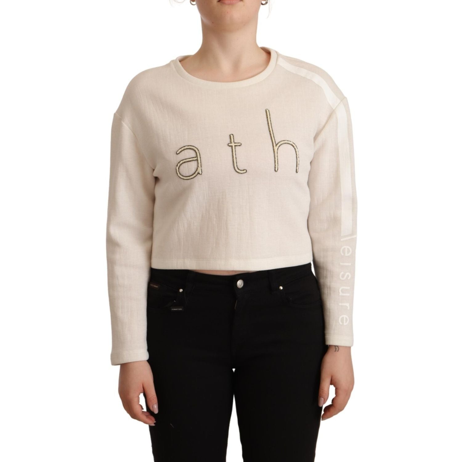 PINKO Beige Logo Long Sleeve Cropped Pullover Sweater