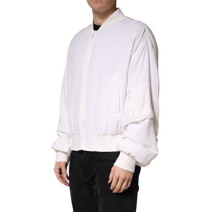 Dolce & Gabbana White Silk Full Zip Bomber Blouson Jacket