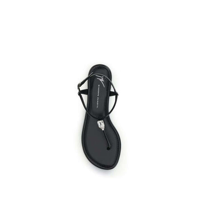 Giuseppe Zanotti Black Calf Leather Bos Taurus Flat Sandals