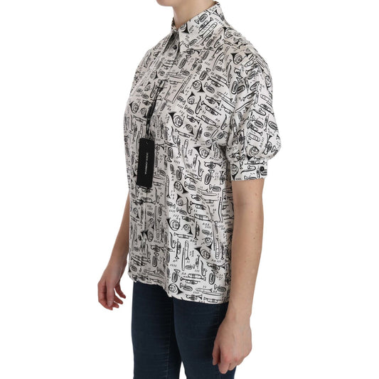 Dolce & Gabbana Musical Instrument Print Silk Collared Top Dolce & Gabbana Gray
