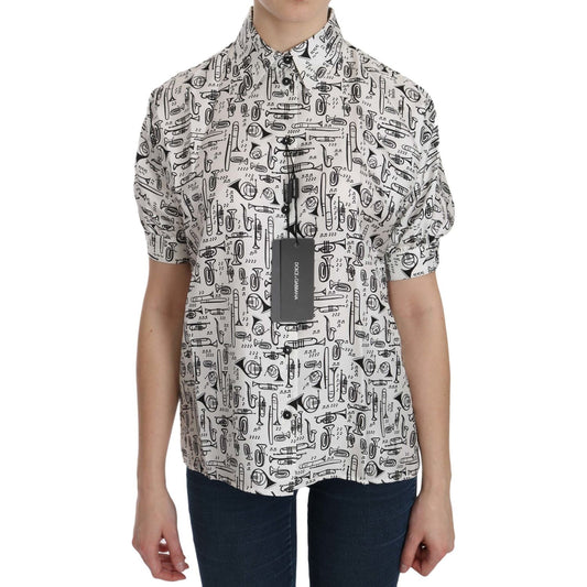 Dolce & Gabbana Musical Instrument Print Silk Collared Top Dolce & Gabbana Gray