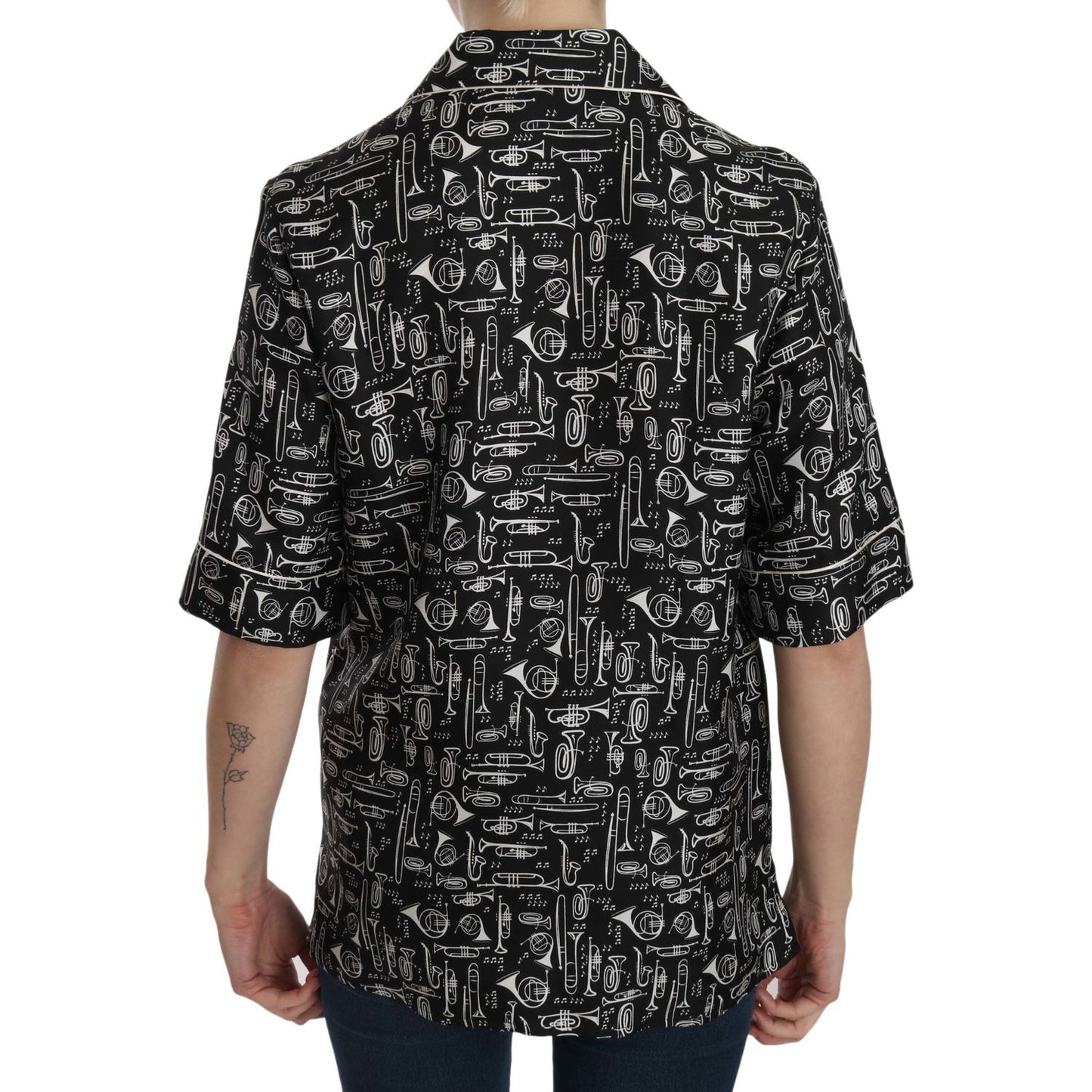 Dolce & Gabbana Musical Instrument Silk Collared Top Dolce & Gabbana Dark Gray