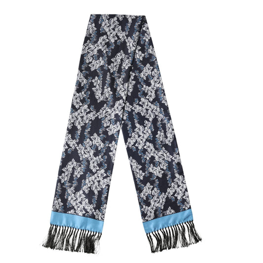 Dolce & Gabbana Black Blue Silk Floral Pattern Fringe 140cm x 16cm Scarf