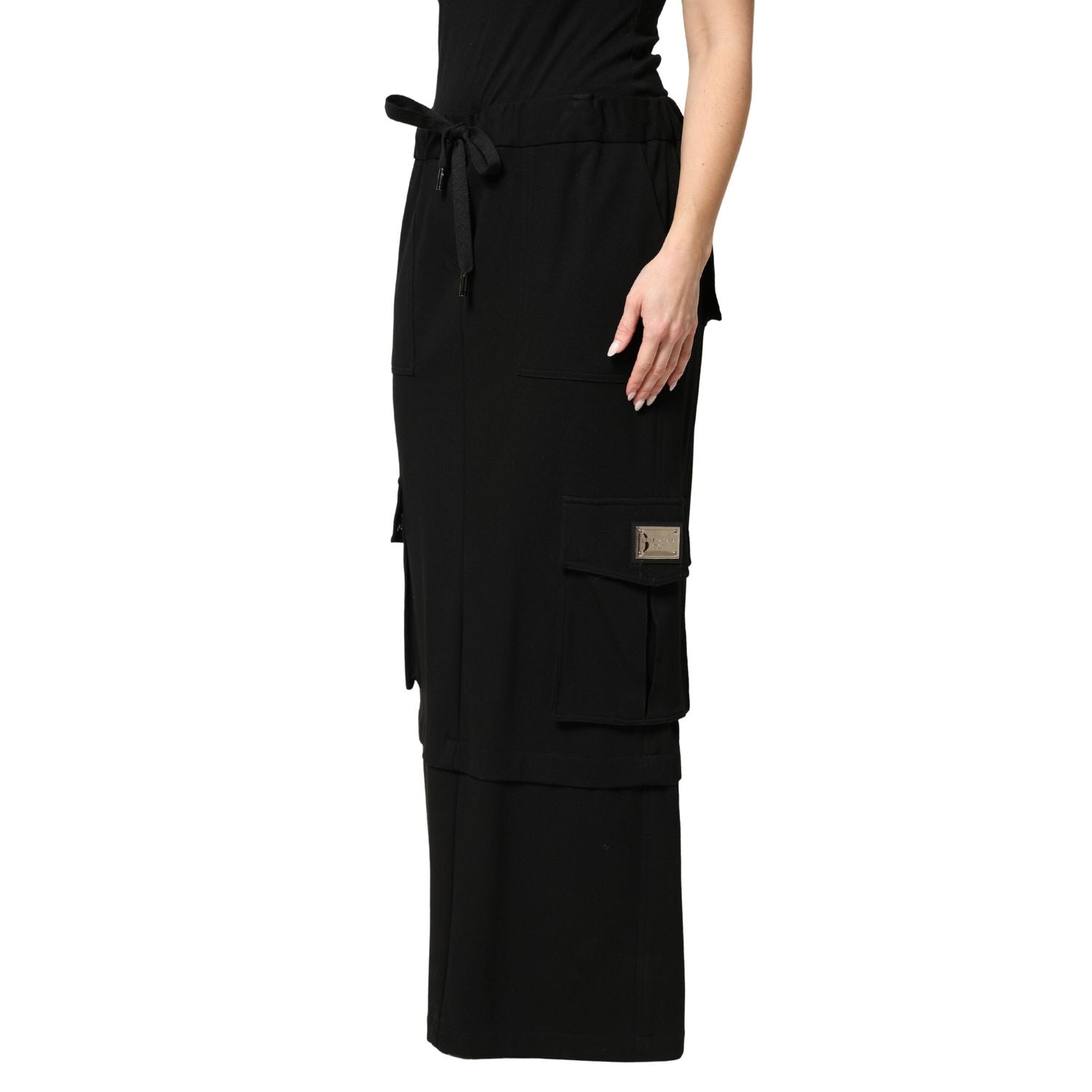 Dolce & Gabbana Black Cotton Drawstring Long Maxi Cargo Skirt