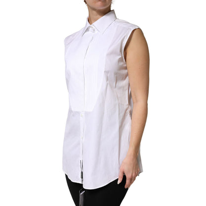 Dolce & Gabbana White Cotton Pleated Sleeveless Button Down Top