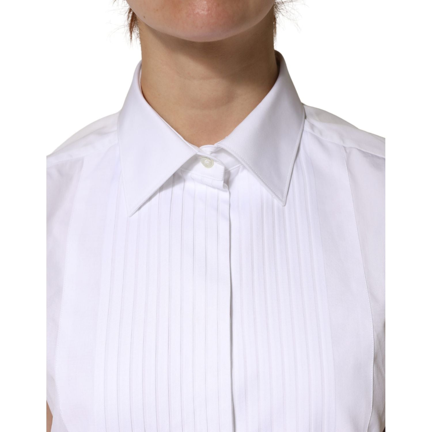 Dolce & Gabbana White Cotton Pleated Sleeveless Button Down Top