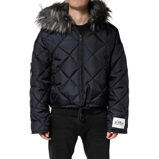 Dolce & Gabbana Black Quilted Fur Shearling Hooded  Jacket