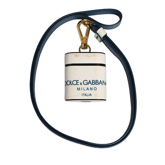 Dolce & Gabbana White Calf Leather Logo Flip Holder Strap Airpods Case