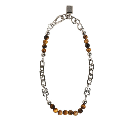 Dolce & Gabbana Silver Tone Brass Chain Beaded Gem DG Logo Bracelet