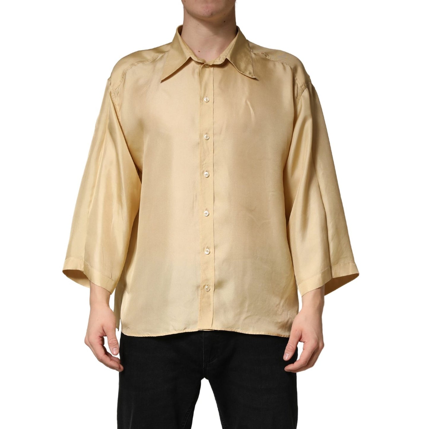 Dolce & Gabbana Yellow Silk Button Down Men Oversize Shirt