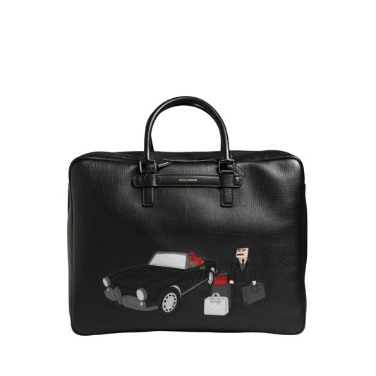 Dolce & Gabbana Black Car Man Applique Leather Weekender Borse Bag