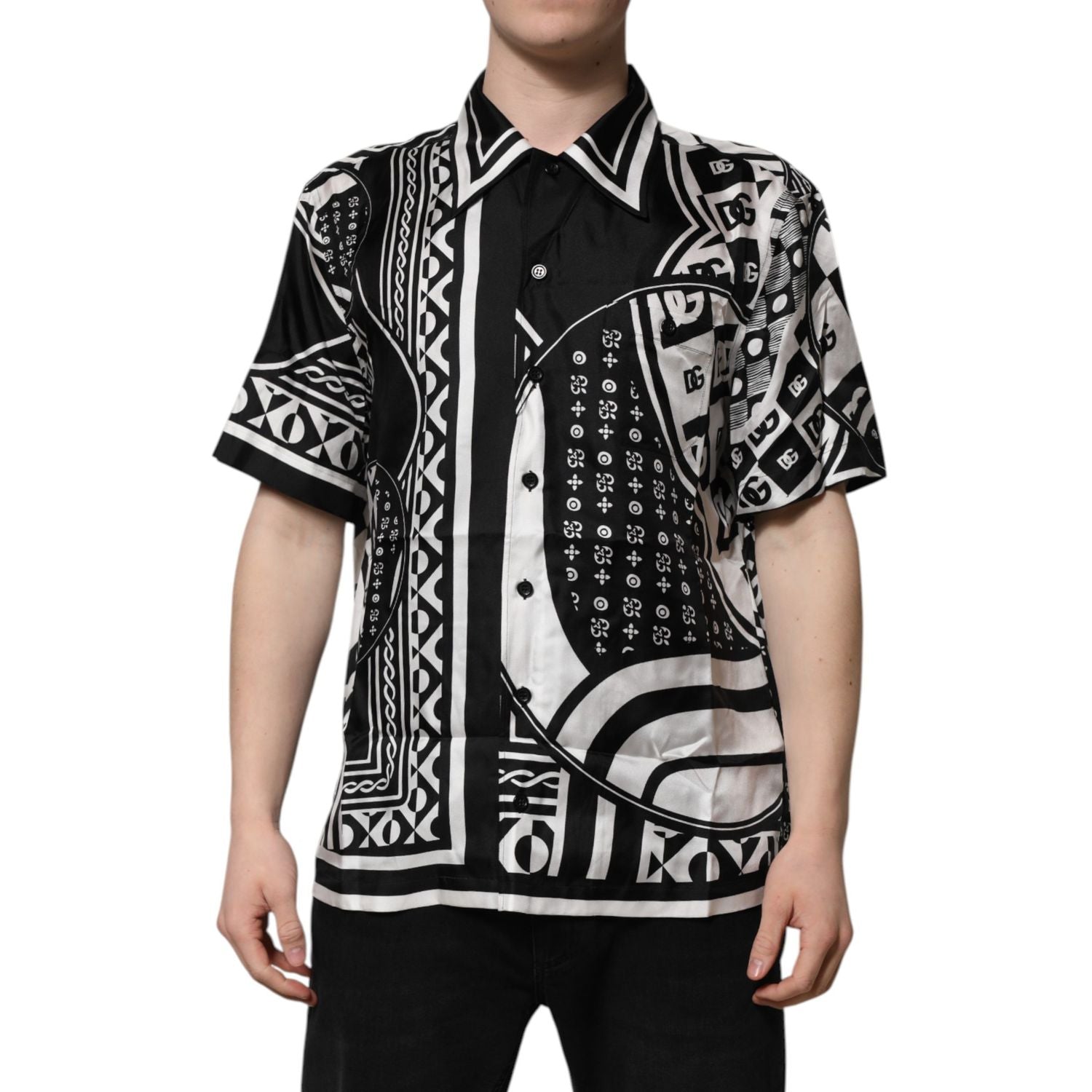 Dolce & Gabbana Black Silk Logo Print Short Sleeves Shirt