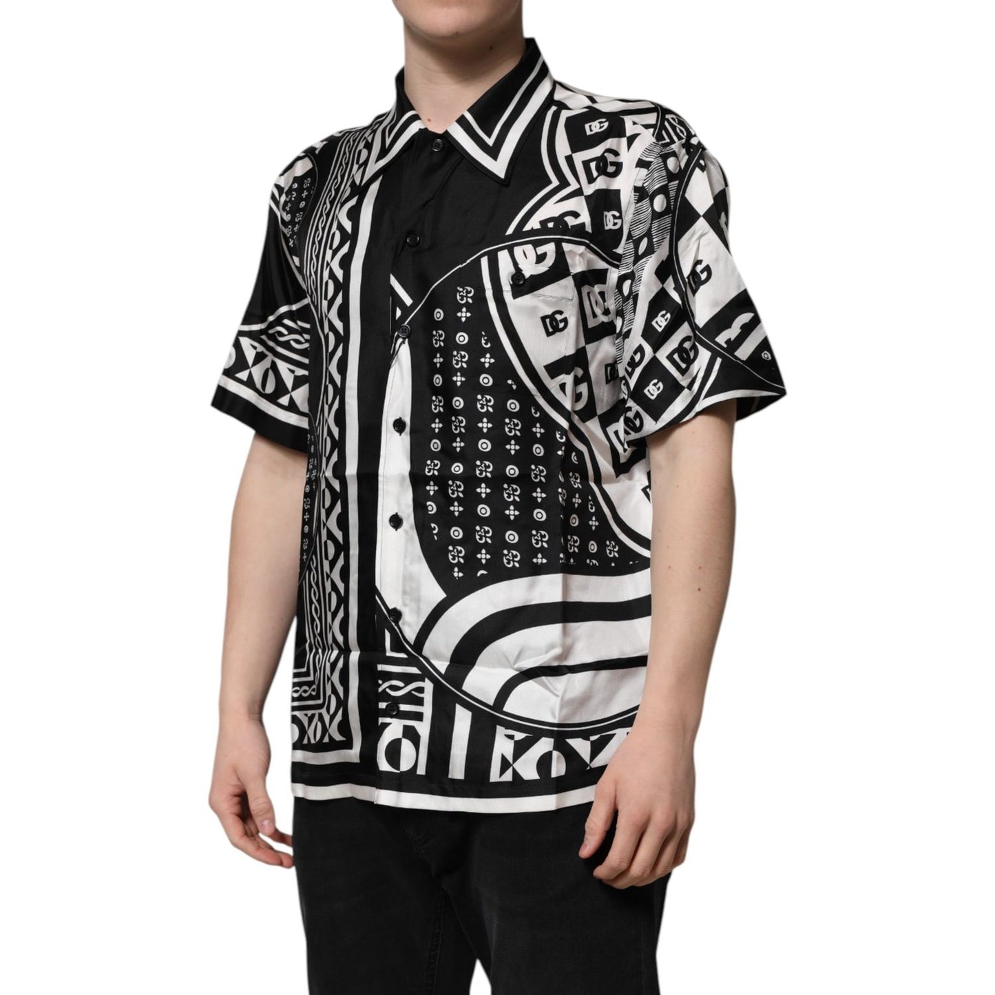 Dolce & Gabbana Black Silk Logo Print Short Sleeves Shirt