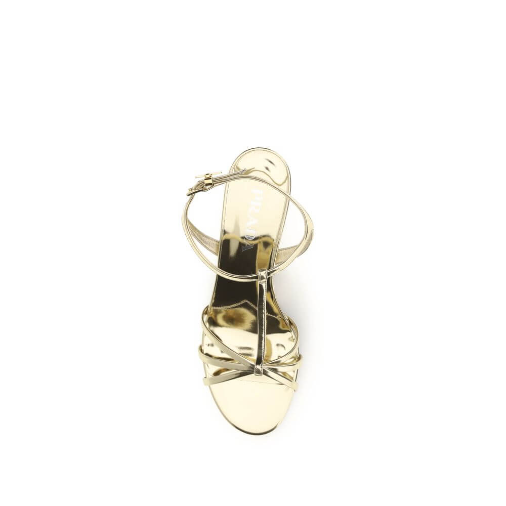 Prada Gold Calf Leather Bos Taurus Wedge Sandals