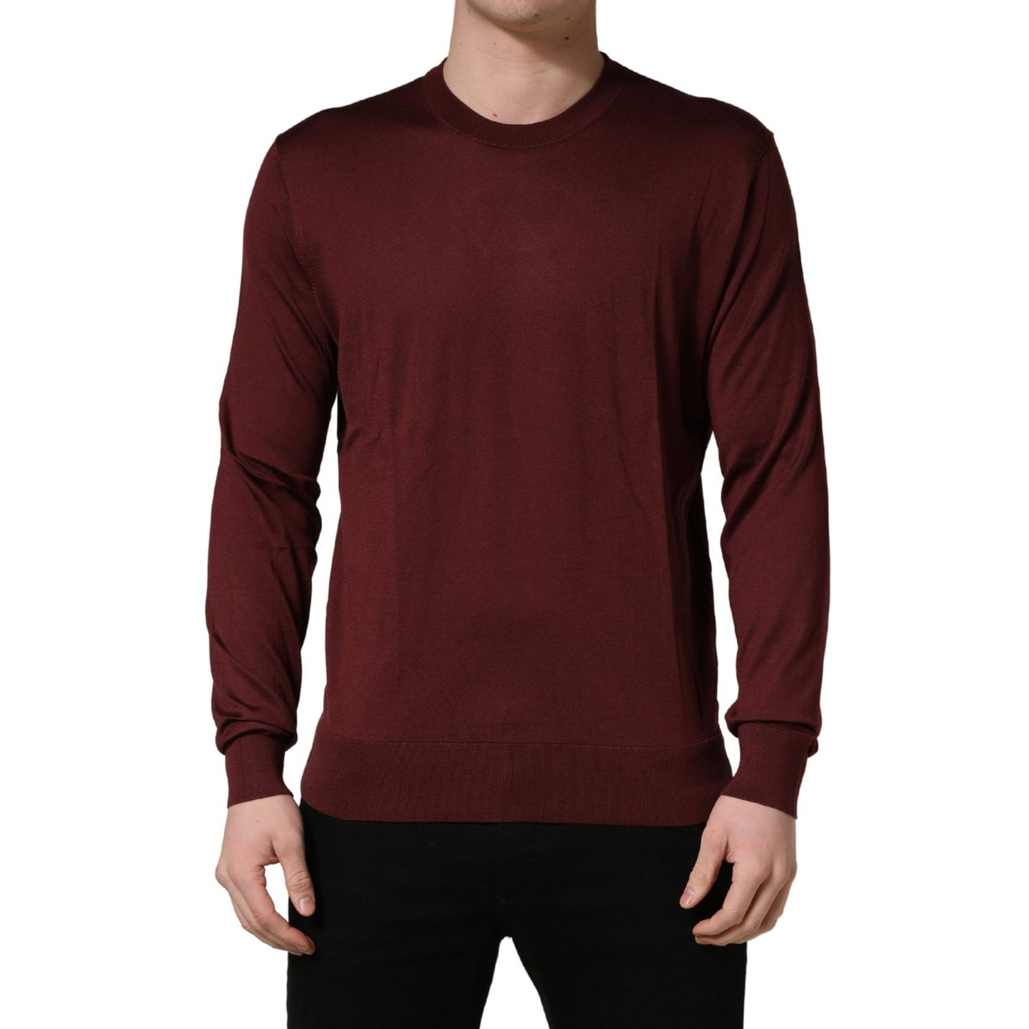 Dolce & Gabbana Maroon Silk Men Crew Neck Pullover Sweater