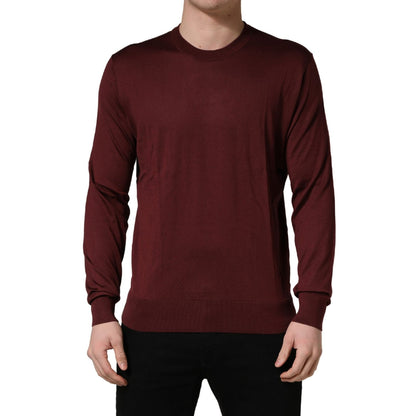 Dolce & Gabbana Maroon Silk Men Crew Neck Pullover Sweater
