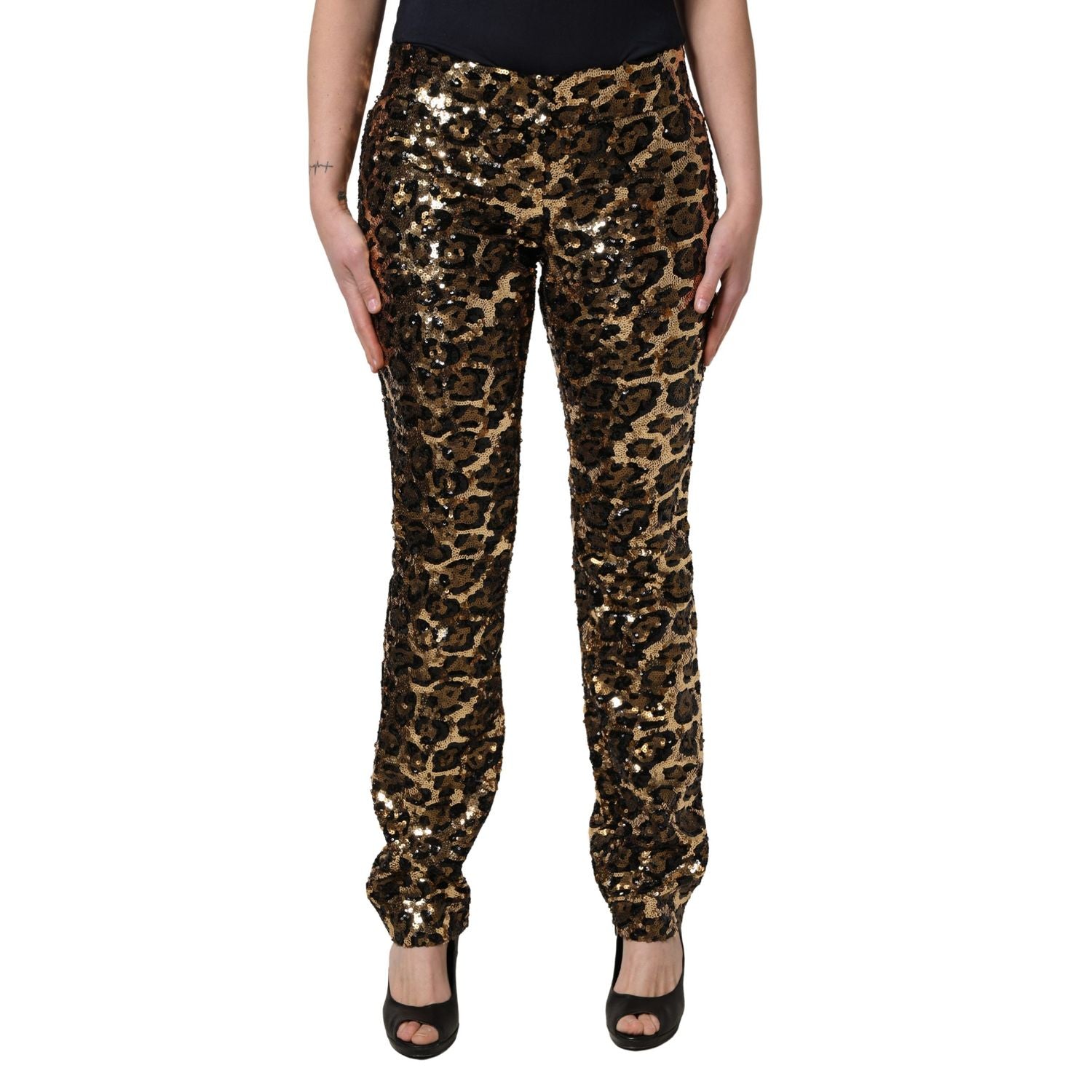 Dolce & Gabbana Gold Leopard Sequined Straight Trouser Pants