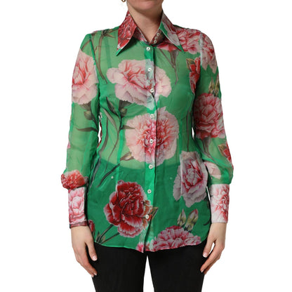 Dolce & Gabbana Green CarnationPrint Silk Collared Blouse Top