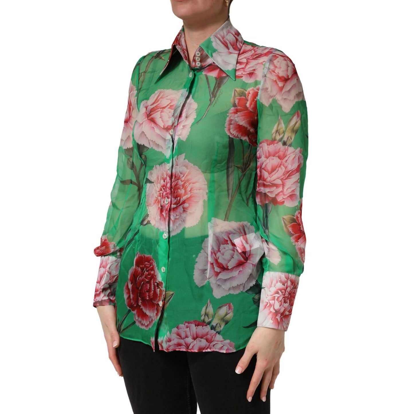 Dolce & Gabbana Green CarnationPrint Silk Collared Blouse Top