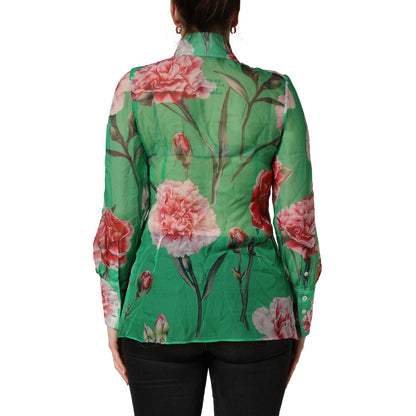 Dolce & Gabbana Green CarnationPrint Silk Collared Blouse Top