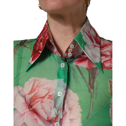 Dolce & Gabbana Green CarnationPrint Silk Collared Blouse Top