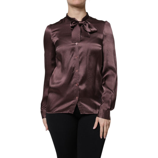 Dolce & Gabbana Violet Satin Long Sleeve Ascot Tie Shirt Top 1728,67345645728,Blouses - Shirts - Clothing,Clothing,Dolce & Gabbana,IT40|S,Long Sleeve - T-Shirts - Clothing,Material: 100% Silk,Preowned / Defect,Shirts - Clothing,T-Shirts - Clothing,Violet,