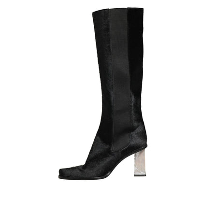 Dolce & Gabbana White Black Leather Knee High Boots Shoes