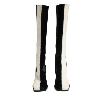 Dolce & Gabbana White Black Leather Knee High Boots Shoes