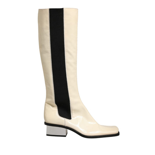Dolce & Gabbana White Black Leather Knee High Boots Shoes 1728,67345645728,Black/White,Boots - Shoes,Dolce & Gabbana,EU38/US7.5,Material: Leather,Over The Knee - Boots - Shoes,Preowned / Defect,Shoes,Women