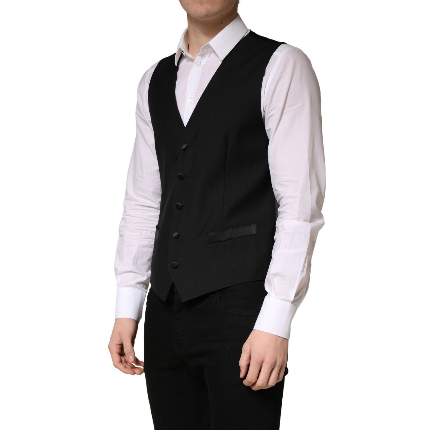 Dolce & Gabbana Black Wool Single Breasted Men Waistcoat Vest