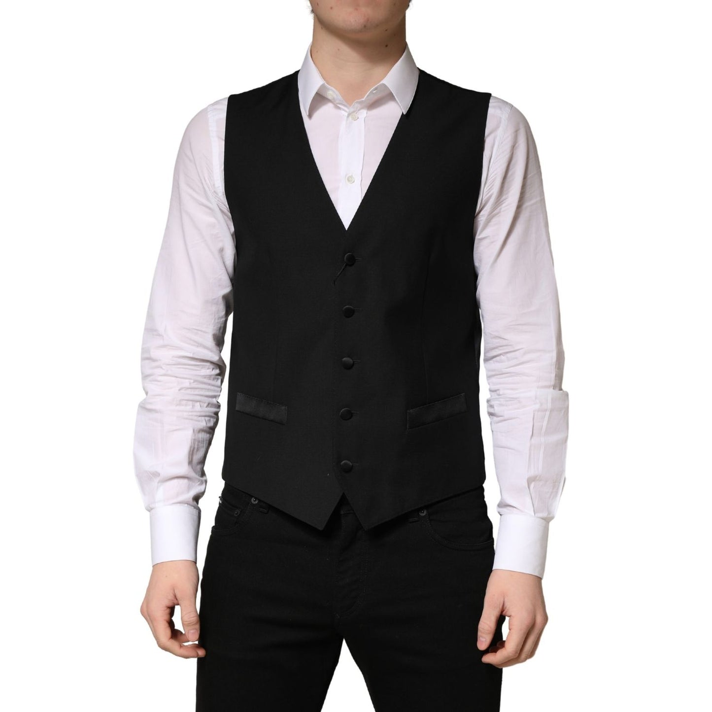Dolce & Gabbana Black Wool Single Breasted Men Waistcoat Vest