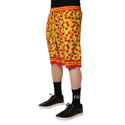 Dolce & Gabbana Yellow Red Cherry Print Silk Bermuda Shorts