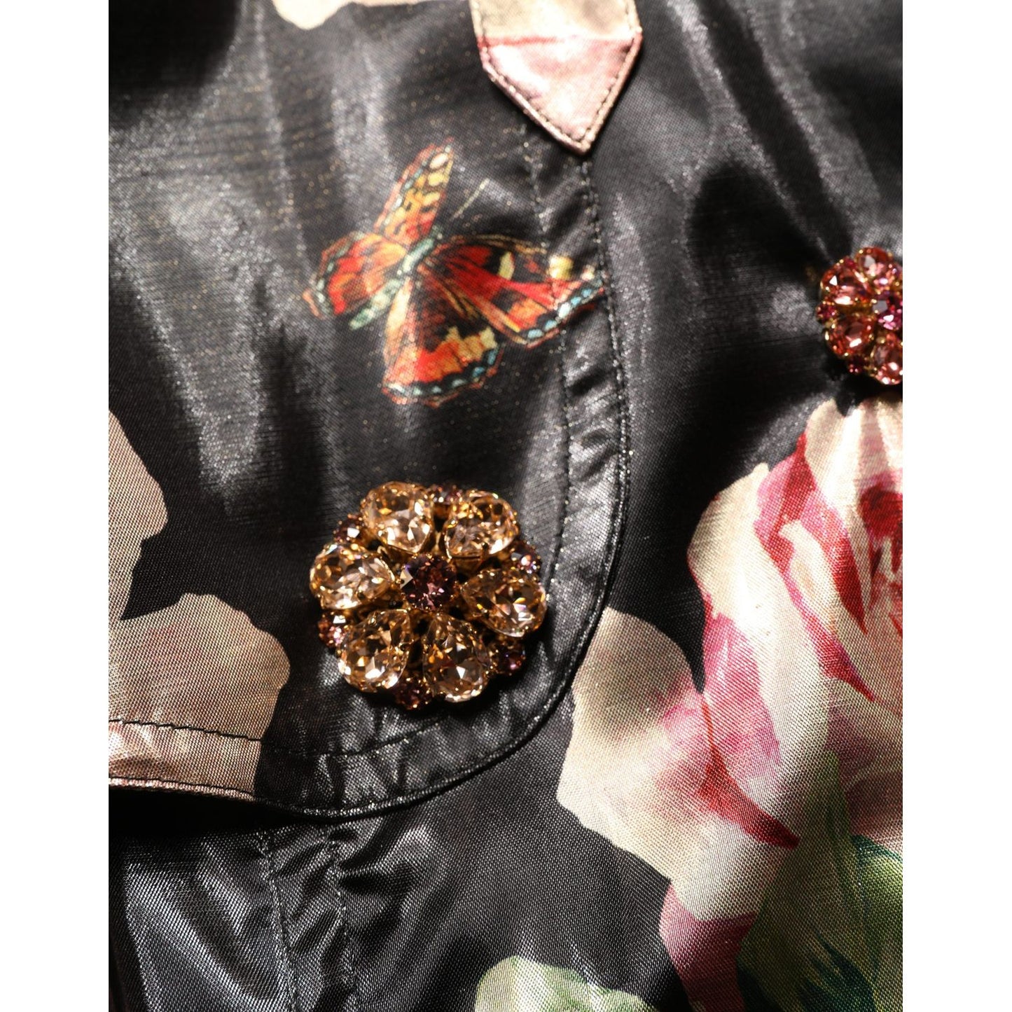 Dolce & Gabbana Black Floral Belted Polyester Trench Coat Jacket