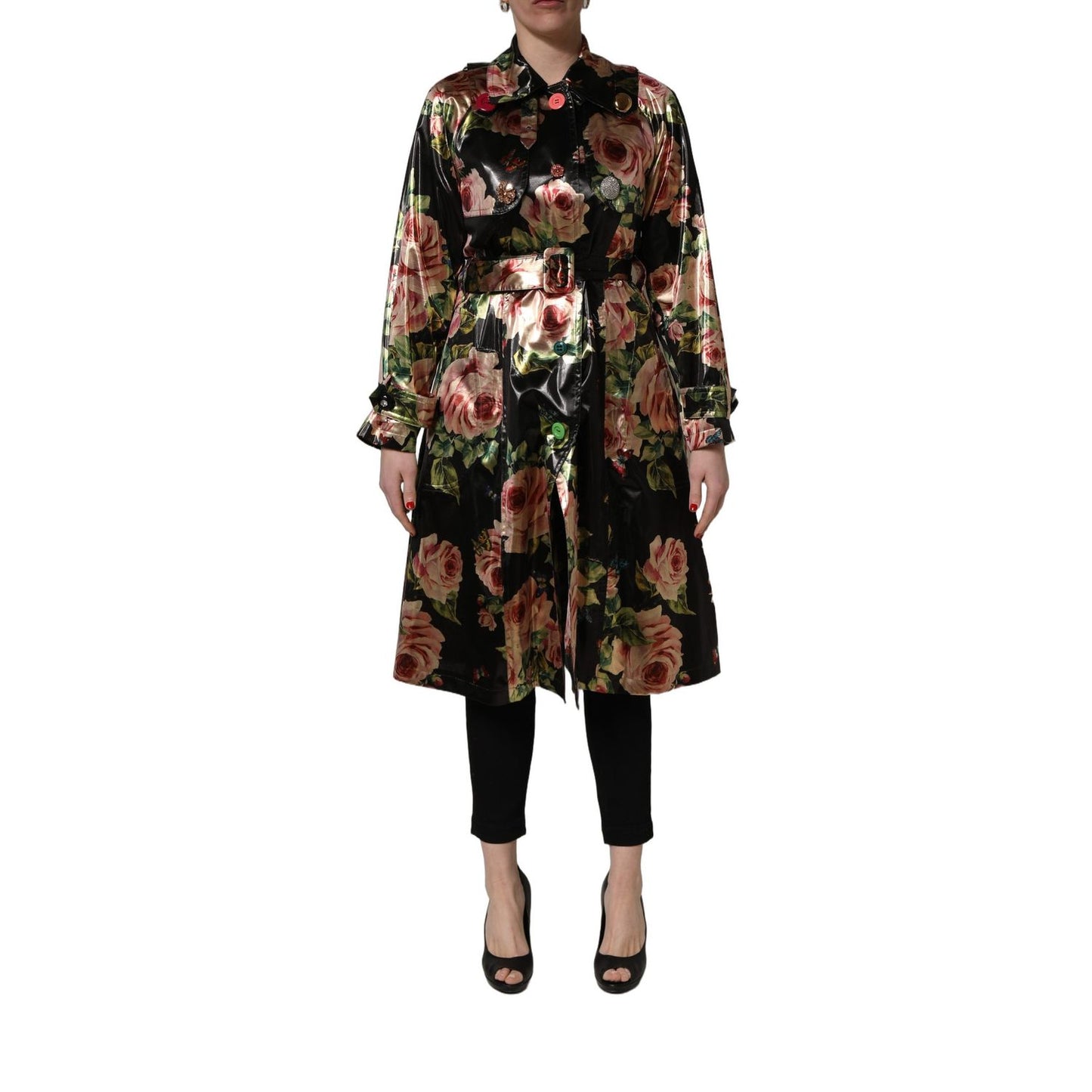 Dolce & Gabbana Black Floral Belted Polyester Trench Coat Jacket